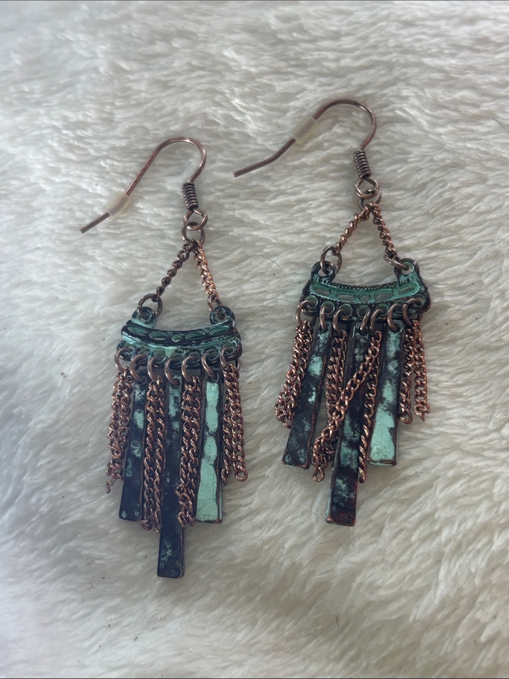 Vintage Style Copper & Turquoise Dangle Fringe Earrings - Unbranded